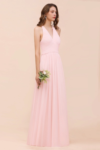 Simple Pink V-Neck Bridesmaid Dress A-Line Chiffon Wedding Guest Dress_5