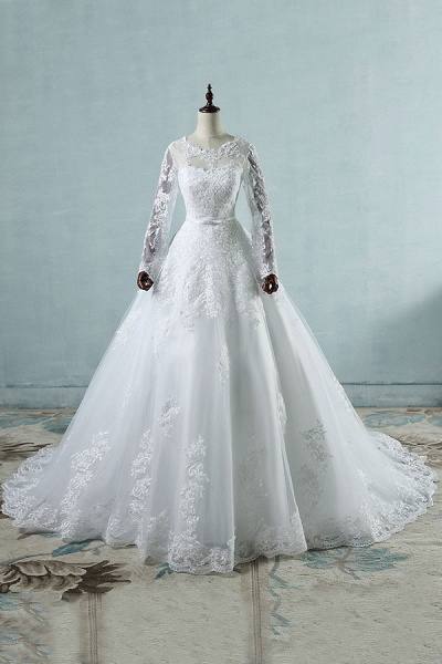 Long Sleeve Appliques Tulle A-line Wedding Dress_1