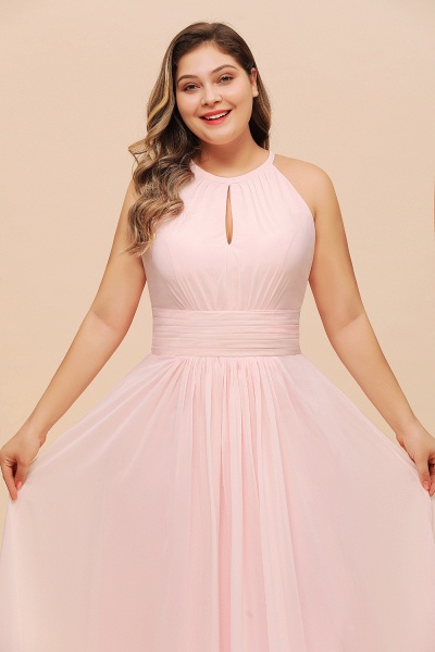 Affordable Plus Size Long Halter Chiffon Pink Bridesmaid Dress_8