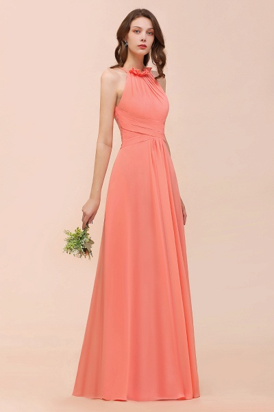 Charming Coral Chiffon Sleeveless A-Line Halter Floor-length Bridesmaid Dresses_9