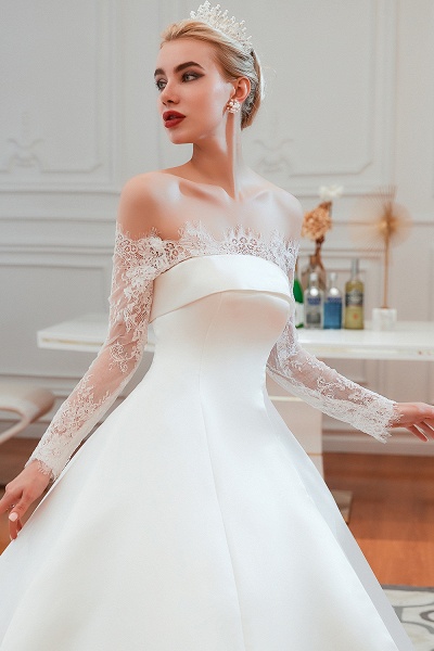 Off Shoulder Long Sleeve Lace Satin Wedding Dress_9