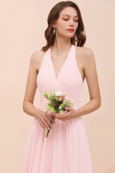 Simple Pink V-Neck Bridesmaid Dress A-Line Chiffon Wedding Guest Dress_8