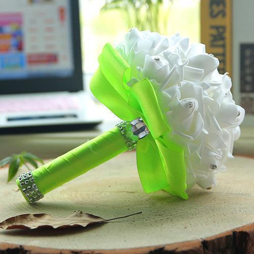 White Silk Wedding Bouquet with Colorful Handles_11