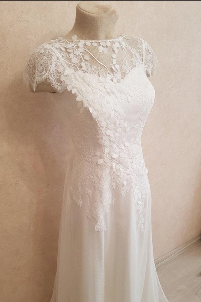 Elegant Cap Sleeve Lace Tulle A-line Wedding Dress_4