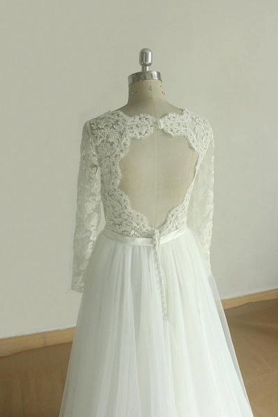 Elegant Long Sleeve Lace Tulle A-line Wedding Dress_5