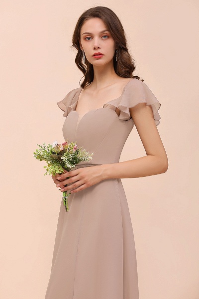 Elegant Long A-line Square Front Slit Chiffon Bridesmaid Dress with Cap Sleeves_7