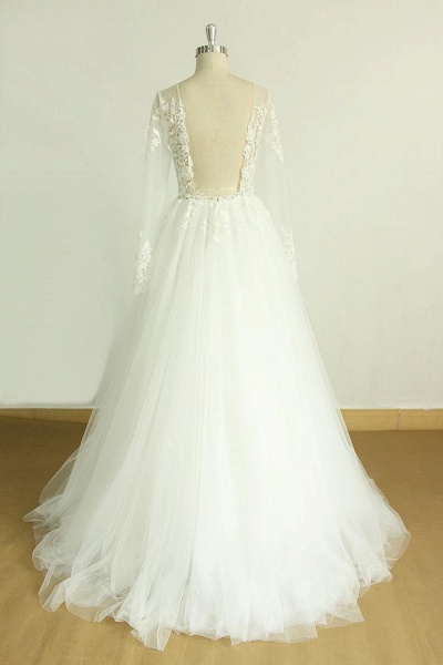 Long Sleeve Appliques Tulle A-line Wedding Dress_3