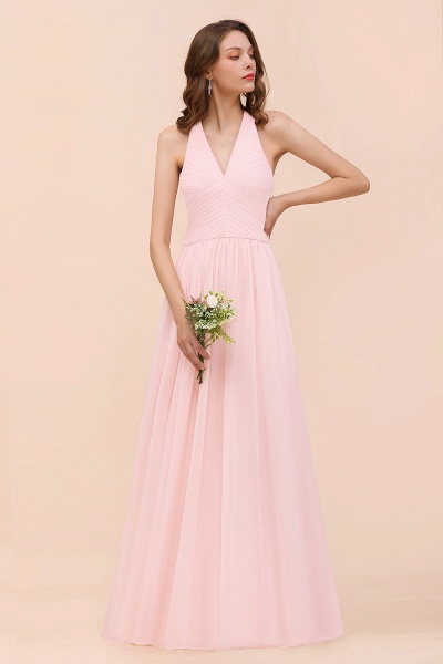 Einfaches rosa V-Ausschnitt Brautjungfernkleid A-Linie Chiffon Kleid für Hochzeitsgäste_6