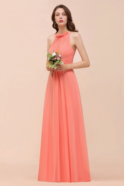Charming Coral Chiffon Sleeveless A-Line Halter Floor-length Bridesmaid Dresses_6