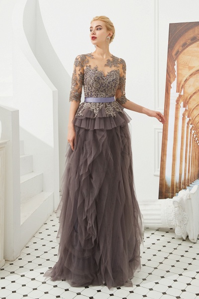 Fabulous Long A-line Jewel Tulle Lace Tulle Prom Dress with Sleeves_2