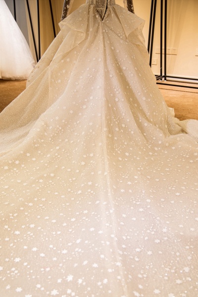 Long Sleeve Beading Lace-up Tulle Wedding Dress_8