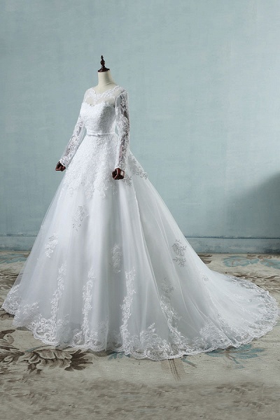 Long Sleeve Appliques Tulle A-line Wedding Dress_4