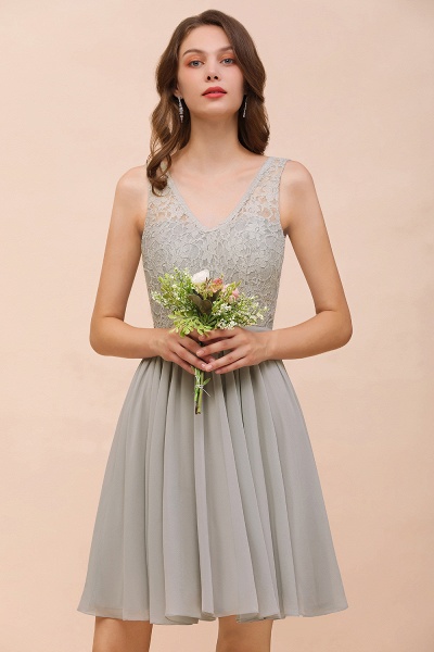 Beautiful Appliques Lace V-neck Wide Straps Short Chiffon A-Line Bridesmaid Dress_7
