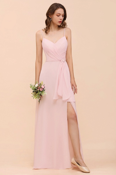 Long A-line V-neck Spaghetti Straps Ruffle Blushing Pink Chiffon Bridesmaid Dress_6