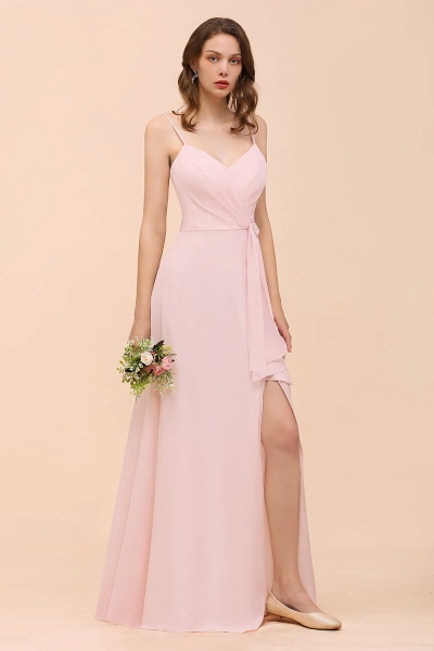 Long A-line V-neck Spaghetti Straps Ruffle Blushing Pink Chiffon Bridesmaid Dress_8