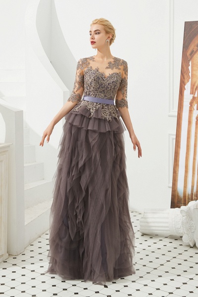 Fabulous Long A-line Jewel Tulle Lace Tulle Prom Dress with Sleeves_4