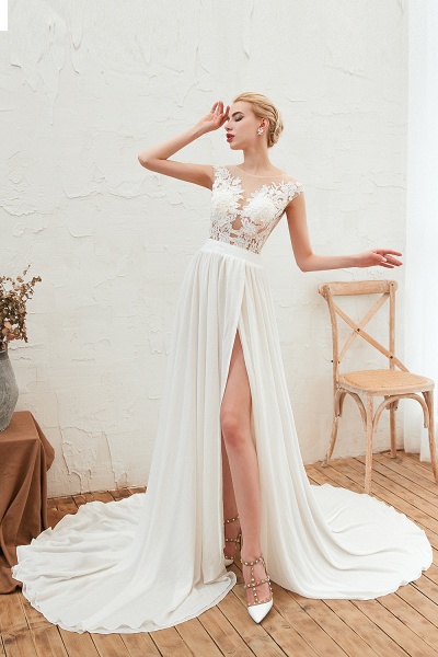 High Slit Appliques Chiffon A-line Wedding Dress_8