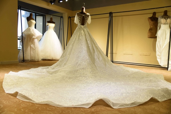 Glorious Short Sleeve Lace Tulle Wedding Dress_3