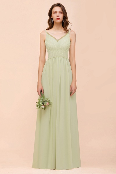 Popular Long A-line V-neck Chiffon Sage Open Back Bridesmaid Dress_1