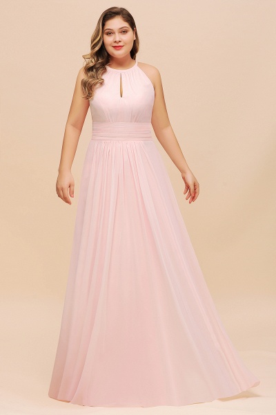 Affordable Plus Size Long Halter Chiffon Pink Bridesmaid Dress_4