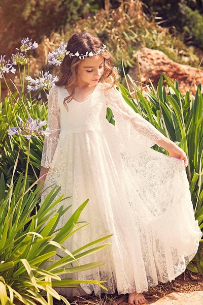 Long A-line Appliques Lace V-neck Floor Length Flower Girl Dress with Sleeves_4