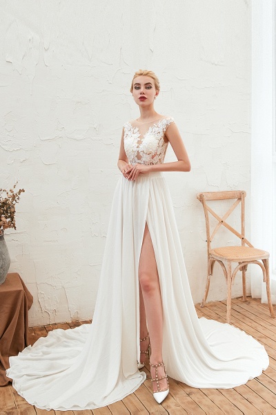 High Slit Appliques Chiffon A-line Wedding Dress_3