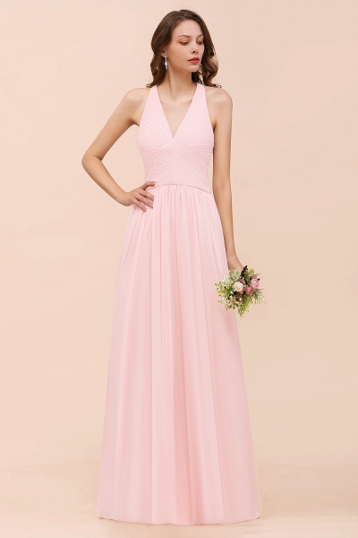 Einfaches rosa V-Ausschnitt Brautjungfernkleid A-Linie Chiffon Kleid für Hochzeitsgäste_4