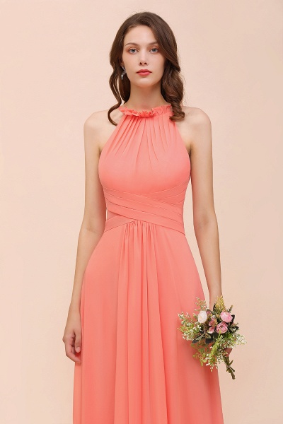 Charming Coral Chiffon Sleeveless A-Line Halter Floor-length Bridesmaid Dresses_8