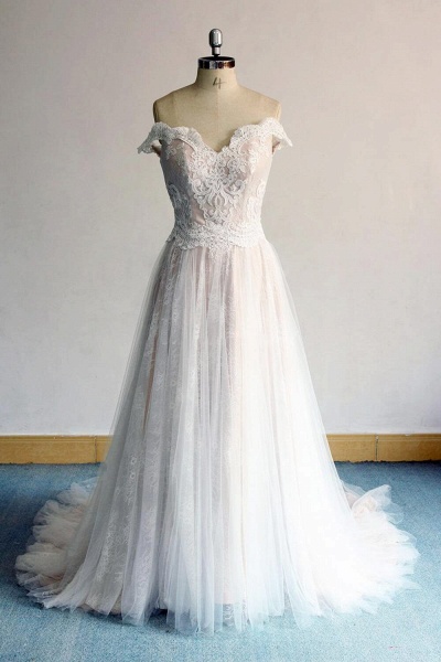 Latest Off Shoulder Lace Tulle A-line Wedding Dress_1