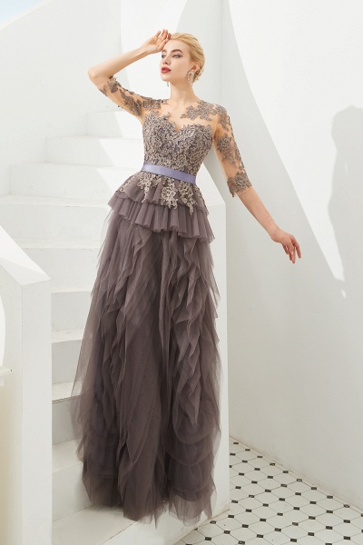 Fabulous Long A-line Jewel Tulle Lace Tulle Prom Dress with Sleeves_6