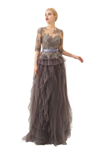 Fabulous Long A-line Jewel Tulle Lace Tulle Prom Dress with Sleeves_1