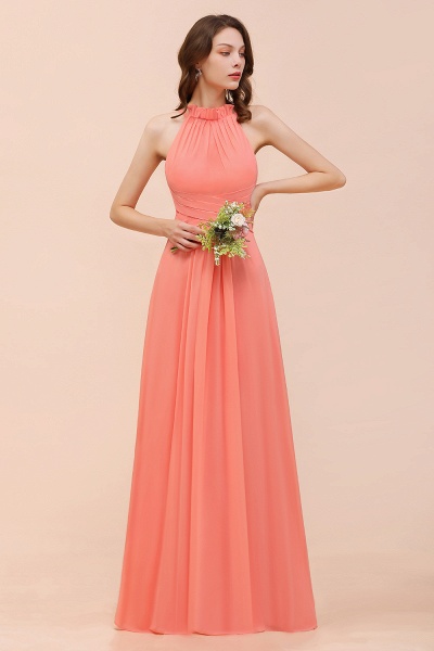 Charming Coral Chiffon Sleeveless A-Line Halter Floor-length Bridesmaid Dresses_4