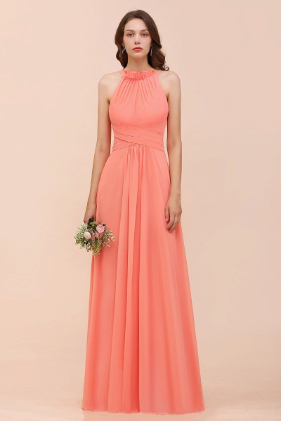Charming Coral Chiffon Sleeveless A-Line Halter Floor-length Bridesmaid Dresses_1