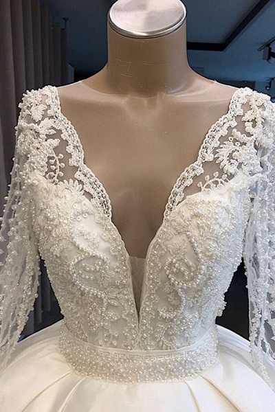 Long Sleeve V-neck Ball Gown Satin Wedding Dress_4