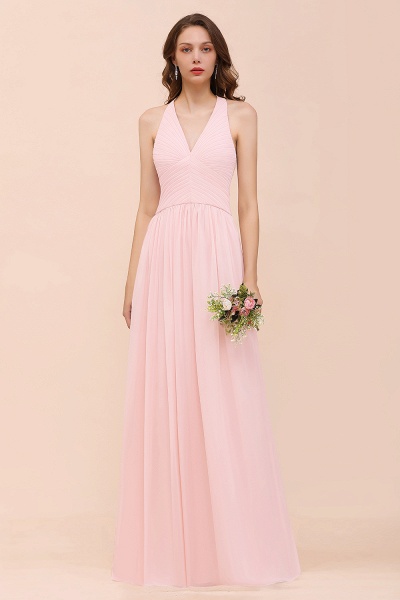 Einfaches rosa V-Ausschnitt Brautjungfernkleid A-Linie Chiffon Kleid für Hochzeitsgäste_1