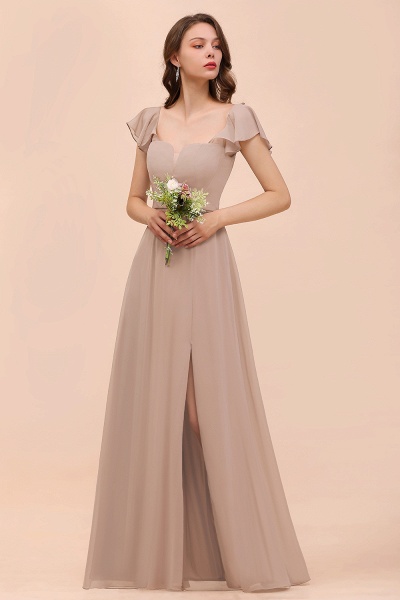 Elegant Long A-line Square Front Slit Chiffon Bridesmaid Dress with Cap Sleeves_6
