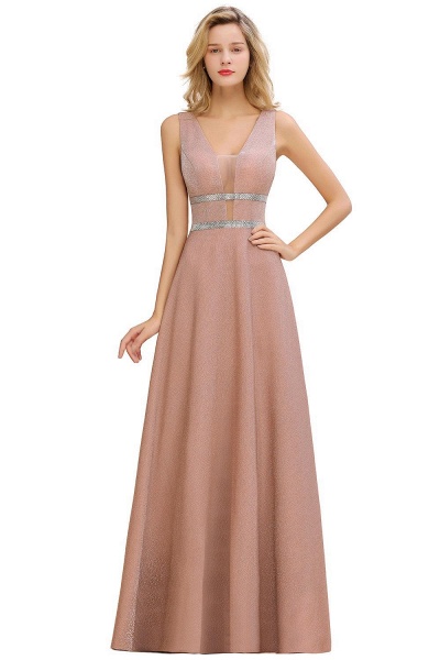 Prickelnde lange Abendkleider mit tiefem V-Ausschnitt und glänzendem Gürtel | Elegantes ärmelloses rosa Abendkleid mit V-Rücken_1