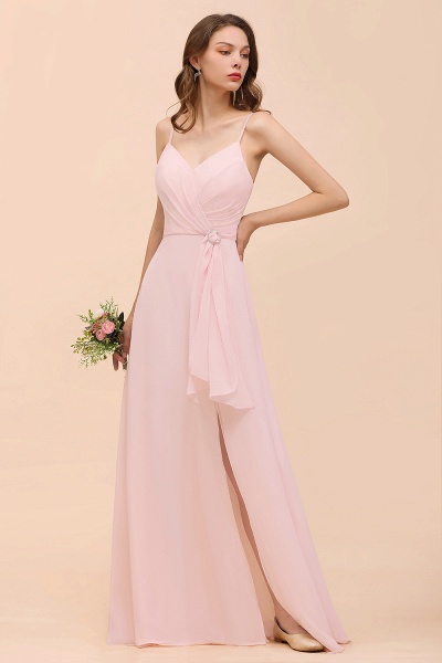 Long A-line V-neck Spaghetti Straps Ruffle Blushing Pink Chiffon Bridesmaid Dress_4