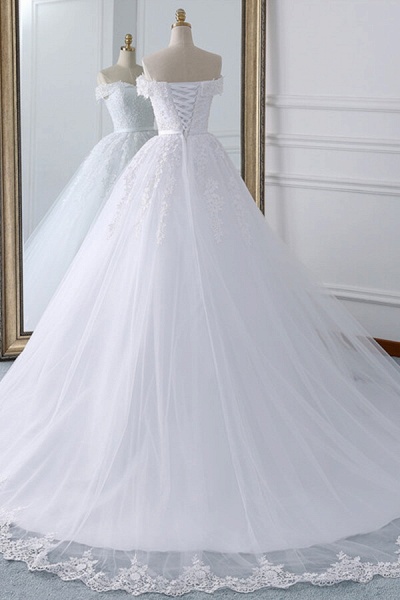 Lace-up Off Shoulder Appliques Tulle Wedding Dress_4