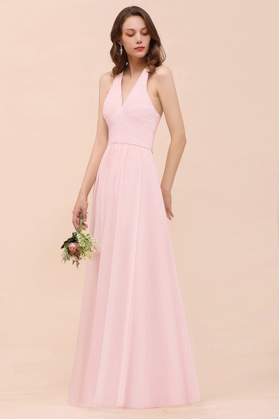 Simple Pink V-Neck Bridesmaid Dress A-Line Chiffon Wedding Guest Dress_7