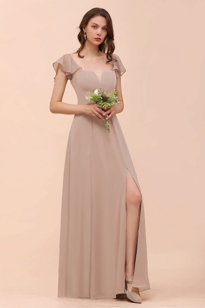 Elegant Long A-line Square Front Slit Chiffon Bridesmaid Dress with Cap Sleeves_4