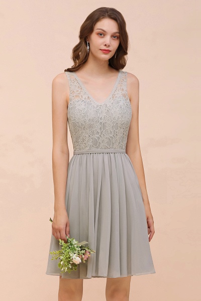 Beautiful Appliques Lace V-neck Wide Straps Short Chiffon A-Line Bridesmaid Dress_1