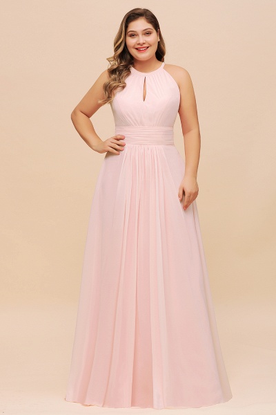 Affordable Plus Size Long Halter Chiffon Pink Bridesmaid Dress_1
