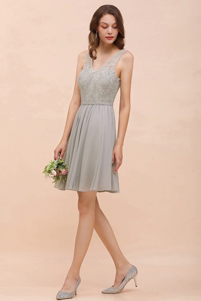 Beautiful Appliques Lace V-neck Wide Straps Short Chiffon A-Line Bridesmaid Dress_5
