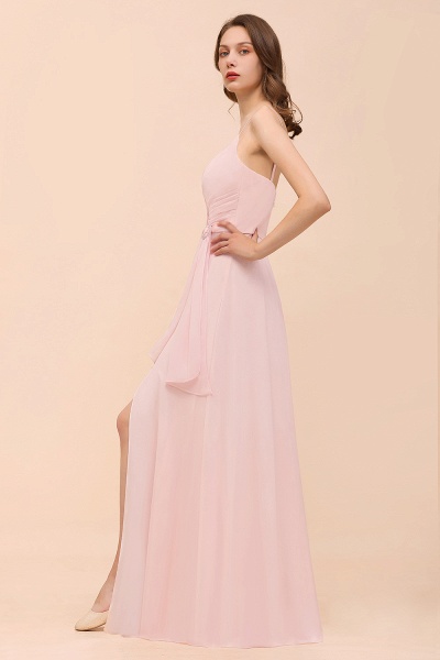 Long A-line V-neck Spaghetti Straps Ruffle Blushing Pink Chiffon Bridesmaid Dress_9