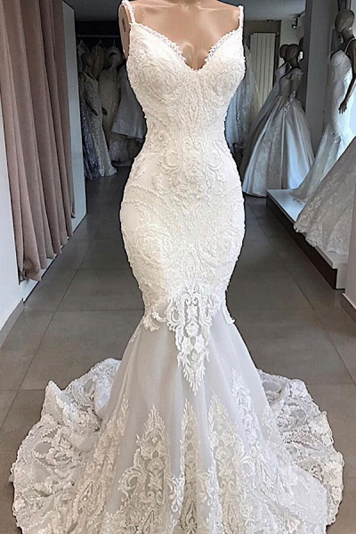 Amazing Appliques Tulle Mermaid Wedding Dress_1