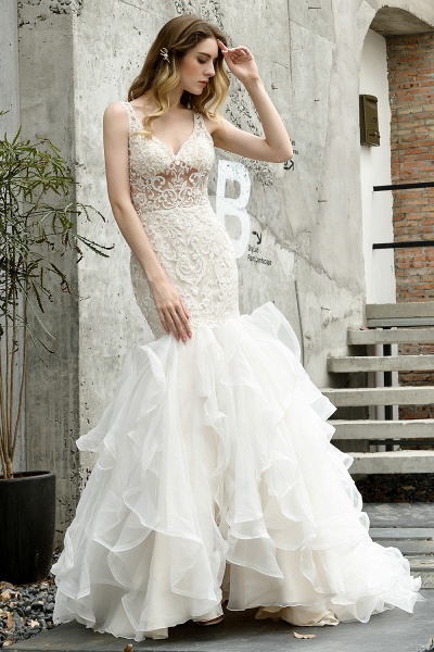 Mermaid V-neck Lace Organza Ruffles Wedding Dress_1