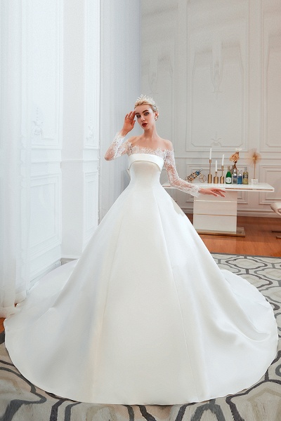 Off Shoulder Long Sleeve Lace Satin Wedding Dress_1