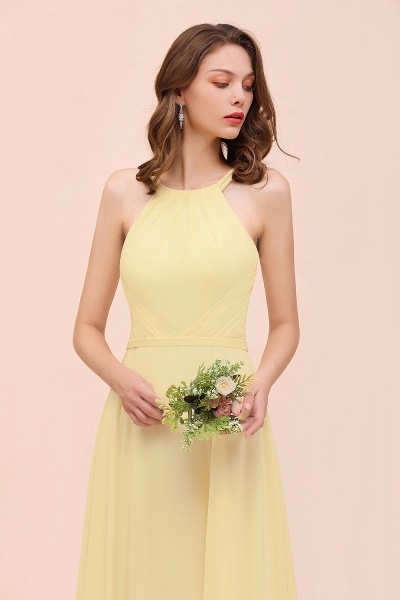 Affordable Long A-line Jewel Chiffon Daffodil Bridesmaid Dress with Ruffle_8