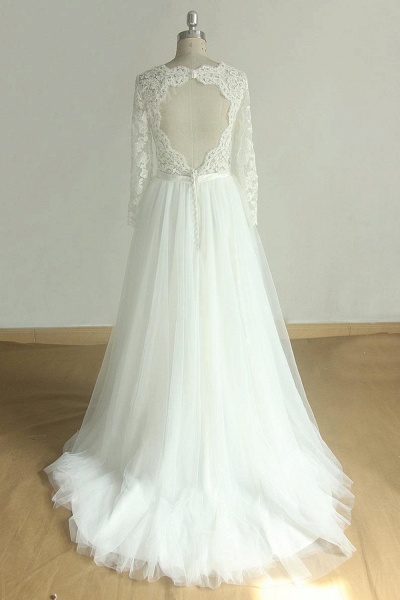 Elegant Long Sleeve Lace Tulle A-line Wedding Dress_3